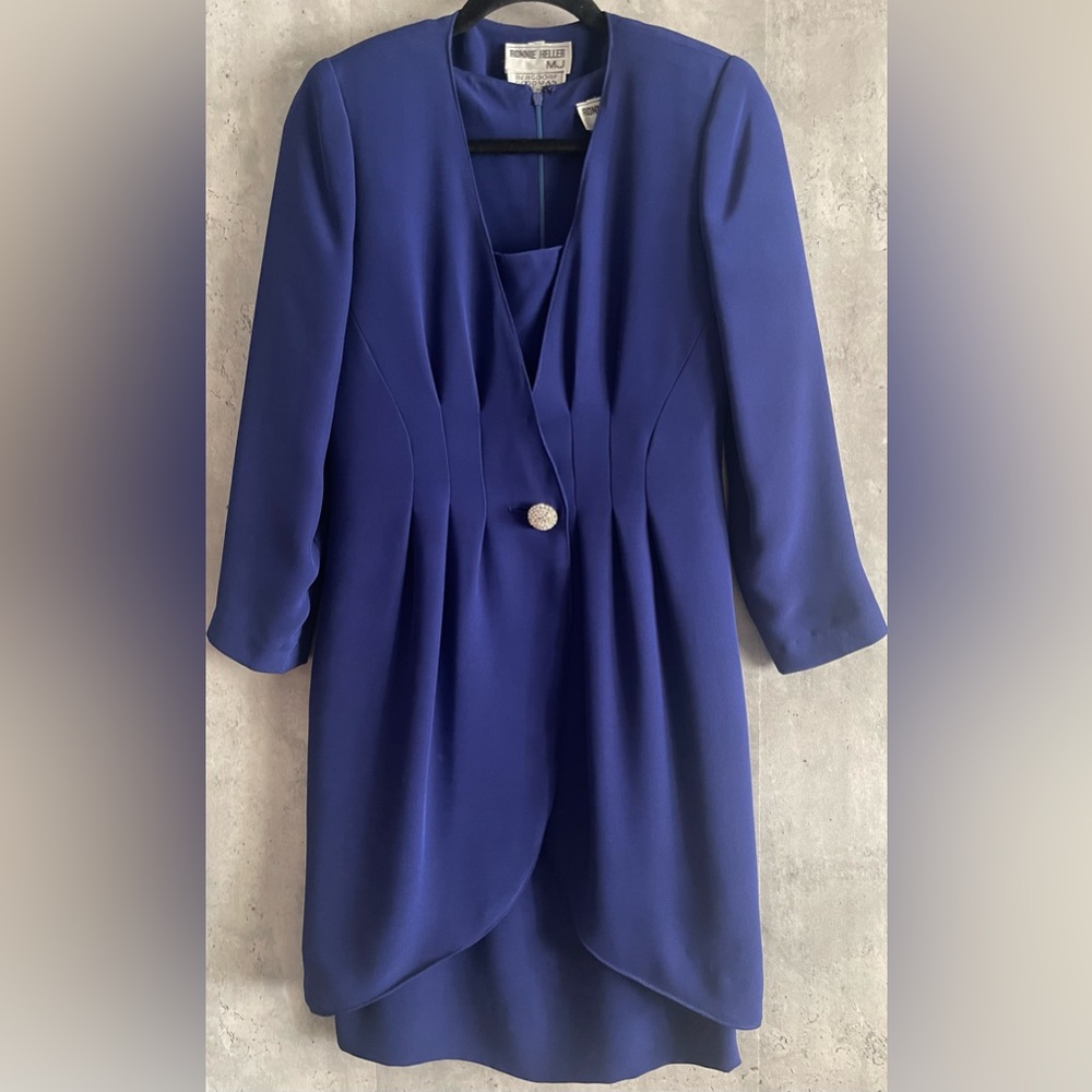 VTG Ronnie Heller MJ Royal Blue 2pc Sleeveless Dress Pleated Jacket Suit Sz 4